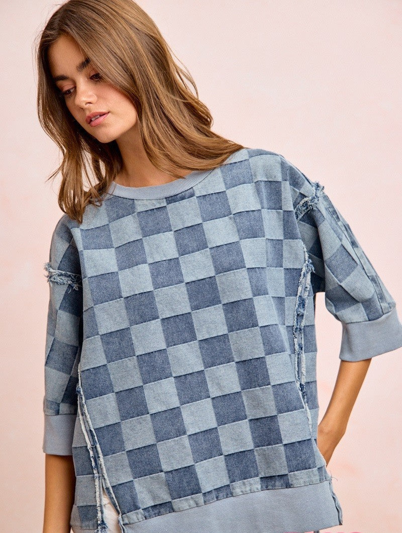 BiBi OVERSIZED Denim Checkered Top in Denim ON ORDER