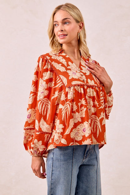 BiBi Flower Print Woven Top with Scallop Trim Detail in Rust