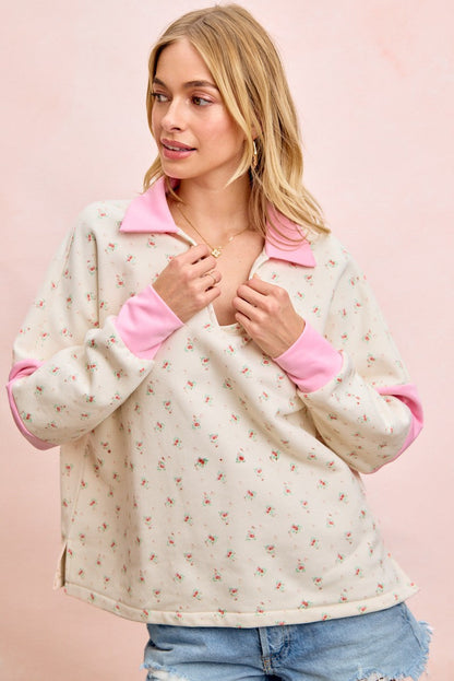 BiBi Floral Print French Terry V Neck Collared Top in Ivory/Pink