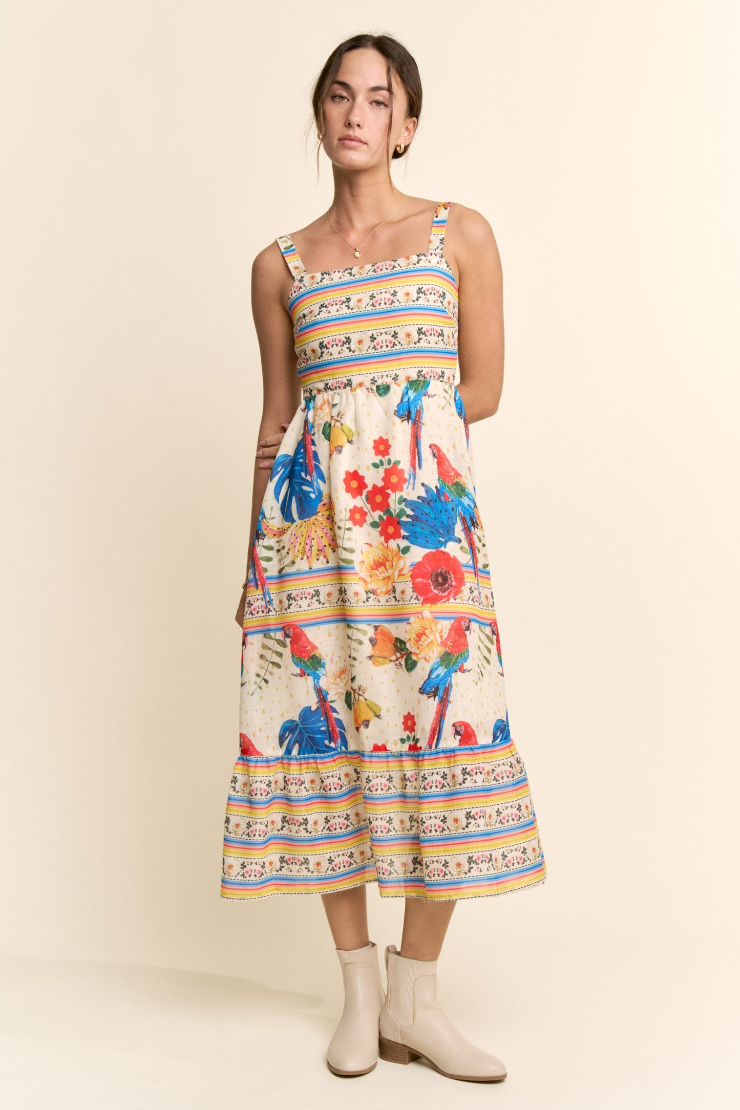 Davi & Dani Parrot Print Maxi Dress in Cream Beige Multi
