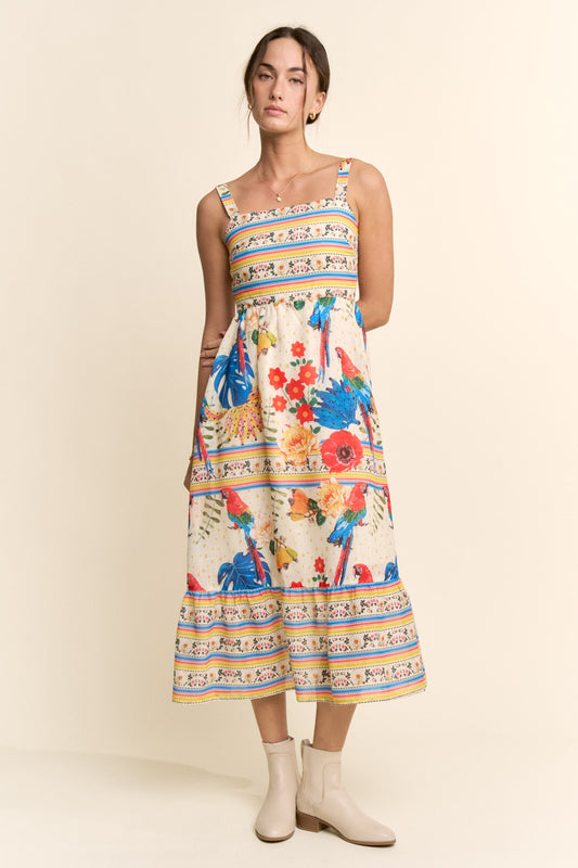 Davi & Dani Parrot Print Maxi Dress in Cream Beige Multi