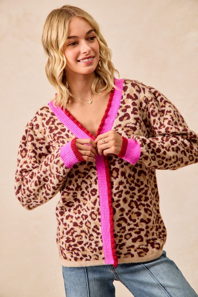 BiBi Leopard Print Knit Sweater with Contrasting Striped Ruffles in Leopard