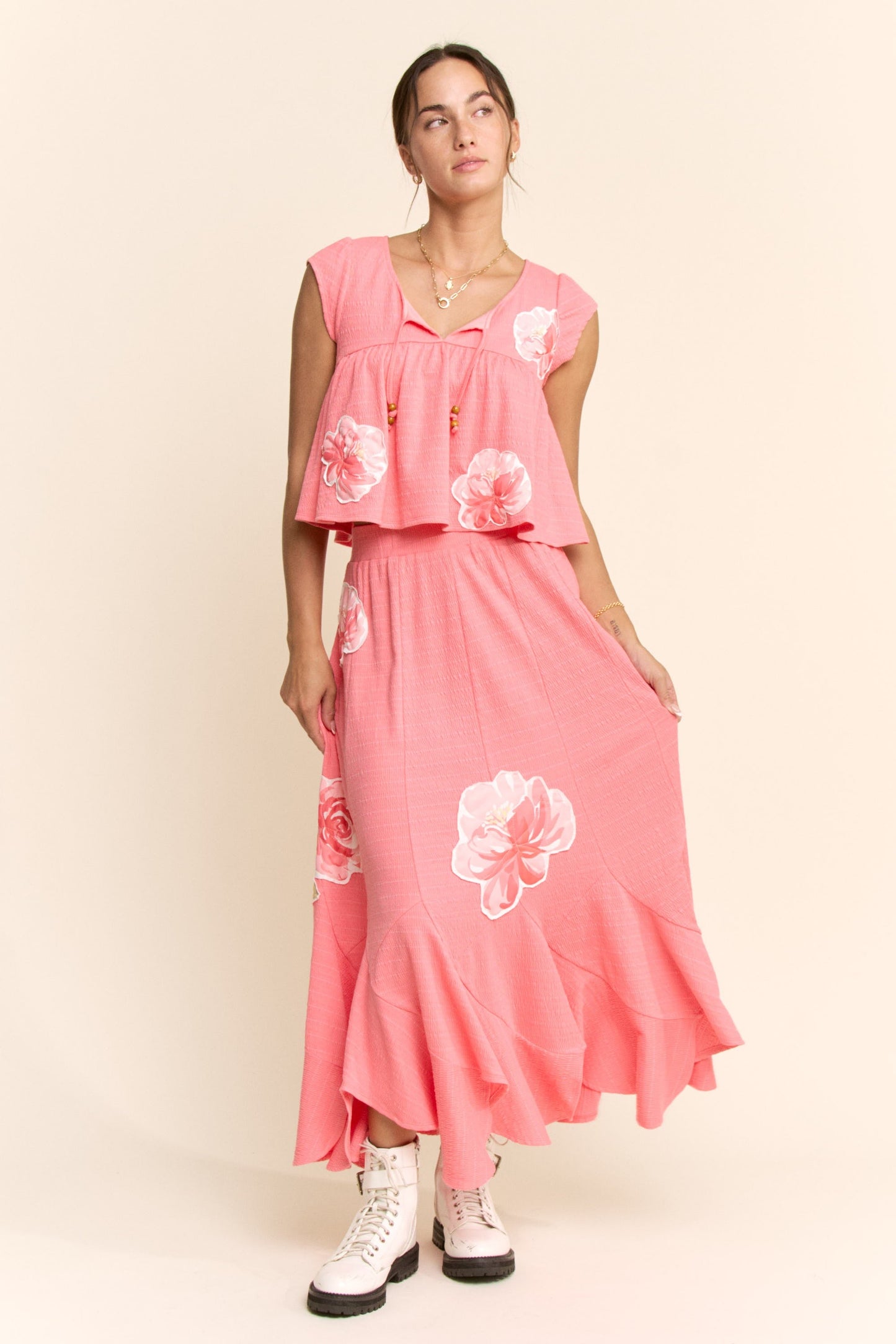Davi & Dani Crinkled Knit Top Elastic Waist Maxi Skirt Set in Pink