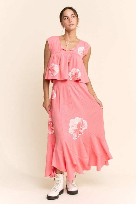 Davi & Dani Crinkled Knit Top Elastic Waist Maxi Skirt Set in Pink