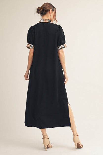 Jodifl Solid Color Midi Dress with Contrasting Classic Check in Black ON ORDER