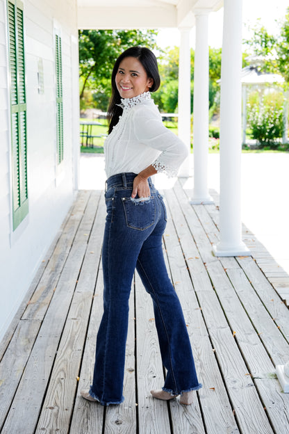 Restock! Judy Blue Feeling Fine Dark Wash High Rise Non Distressed Vintage Frayed Hem Bootcut Jeans