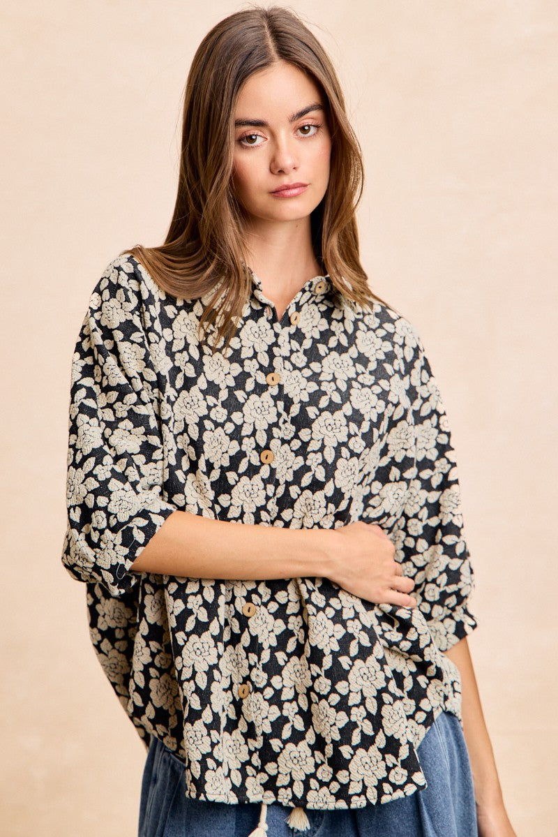BiBi Floral Jacquard Dolman Sleeve Top in Black/Light Grey