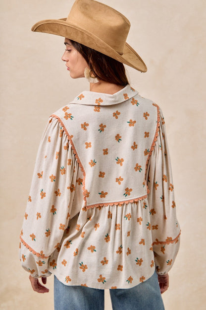 BiBi Small Flower Print Top with Ric Rac Trim Detail in Oatmeal/Orange