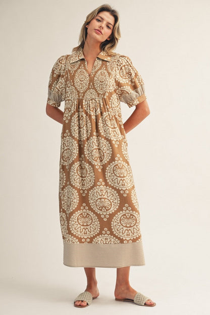 Jodifl Geometric Floral Print Midi Dress in Caramel