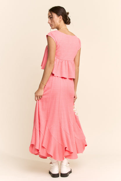 Davi & Dani Crinkled Knit Top Elastic Waist Maxi Skirt Set in Pink