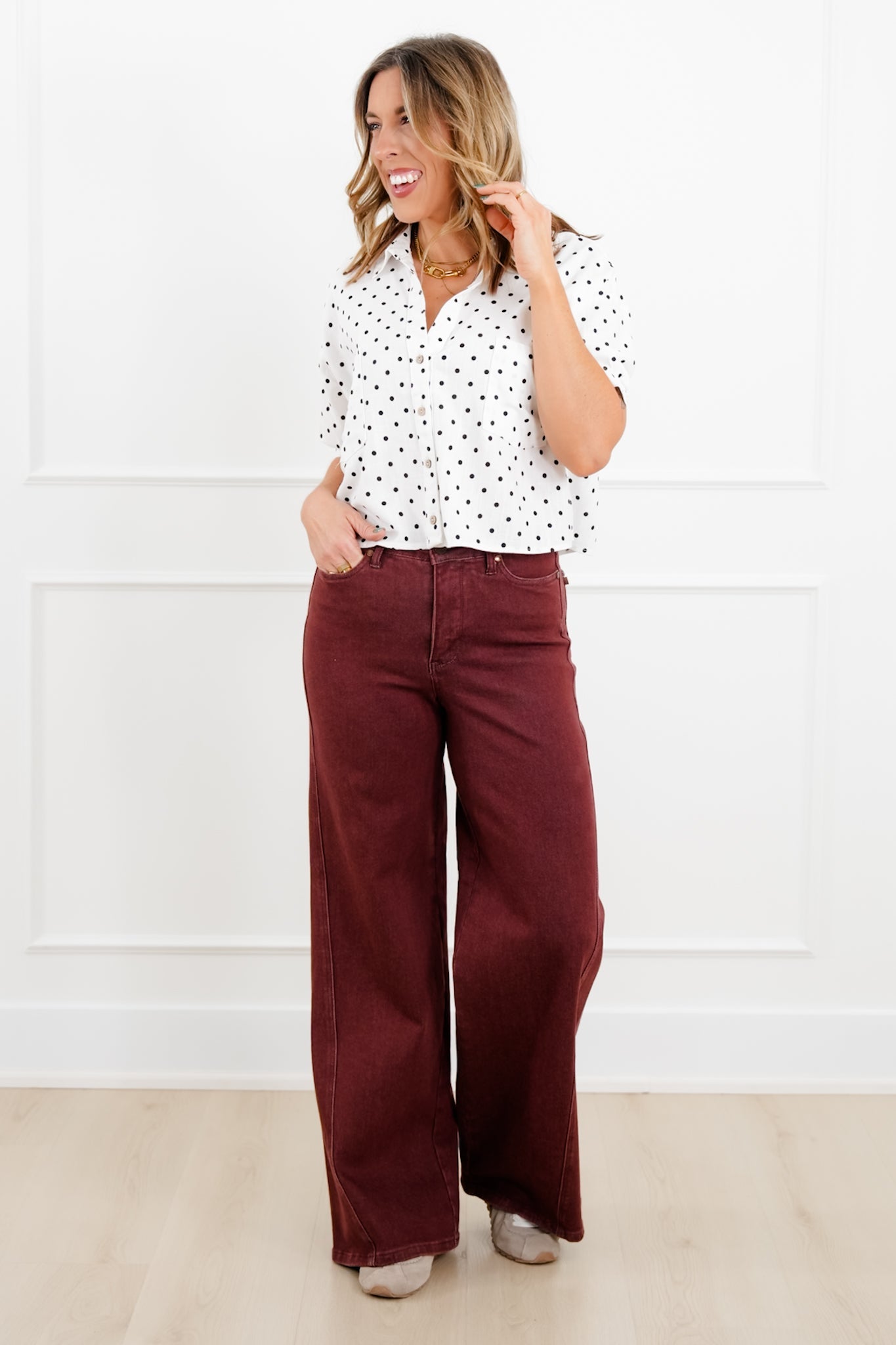 Judy Blue High Rise Burgundy Retro Wide Leg Jeans with Twisted Seams