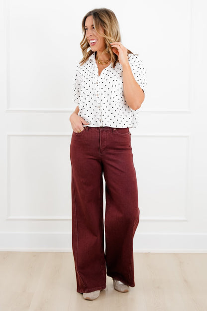 Judy Blue High Rise Burgundy Retro Wide Leg Jeans with Twisted Seams