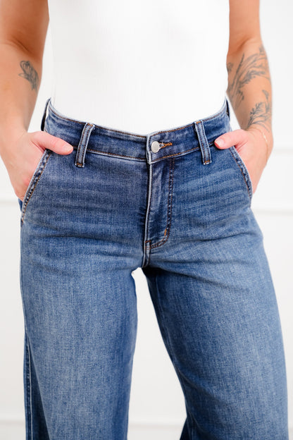 Judy Blue The Rory Petite/Reg Mid Rise Dark Wash Retro Wide Leg Trouser Jeans