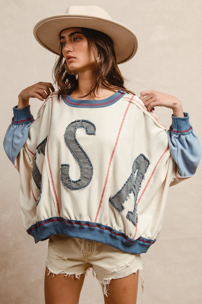 BiBi OVERSIZED Color Block Top with USA Denim Patches in Oatmeal/Denim