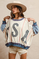BiBi OVERSIZED Color Block Top with USA Denim Patches in Oatmeal/Denim