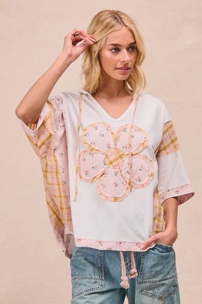 BiBi Mix n Match Hooded Top with Large Flower Patch Front in Ivory