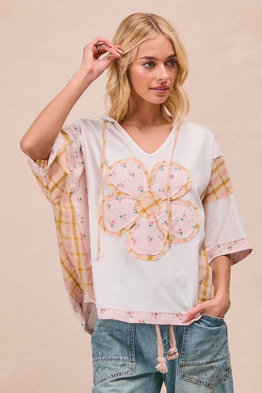 BiBi Mix n Match Hooded Top with Large Flower Patch Front in Ivory