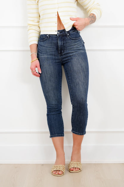 Judy Blue High Rise Dark Wash Tummy Control Capri Jeans with Shield Back Pockets