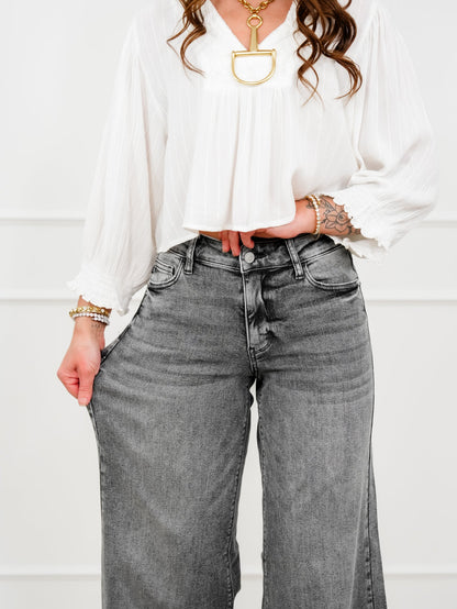 Judy Blue Stormy Days Mid Rise Gray Palazzo Jeans with Split Back Yokes
