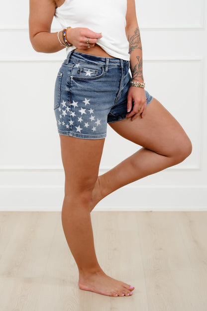 Judy Blue Medium Wash Slim Shorts with Star Splatter