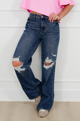 Judy Blue High Rise Medium Wash Rigid Magic Distressed Straight Leg Jeans with Adjustable Waist Band Tabs