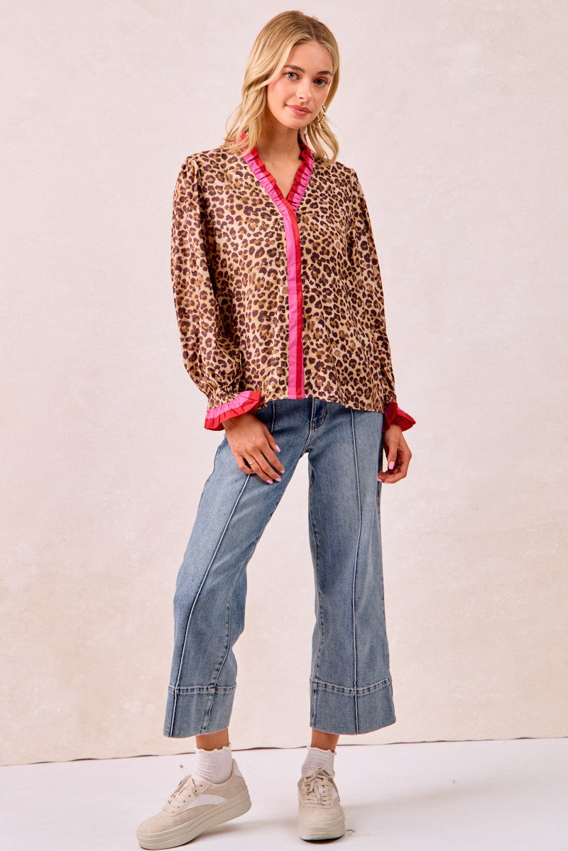 BiBi Long Sleeve Leopard Print Top with Contrasting Wavy Trim in Leopard