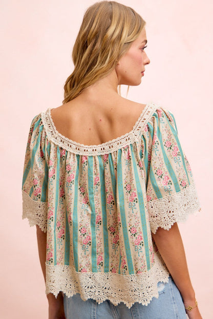 BiBi Mix n Match Floral and Lace Detailed Top in Teal ON ORDER