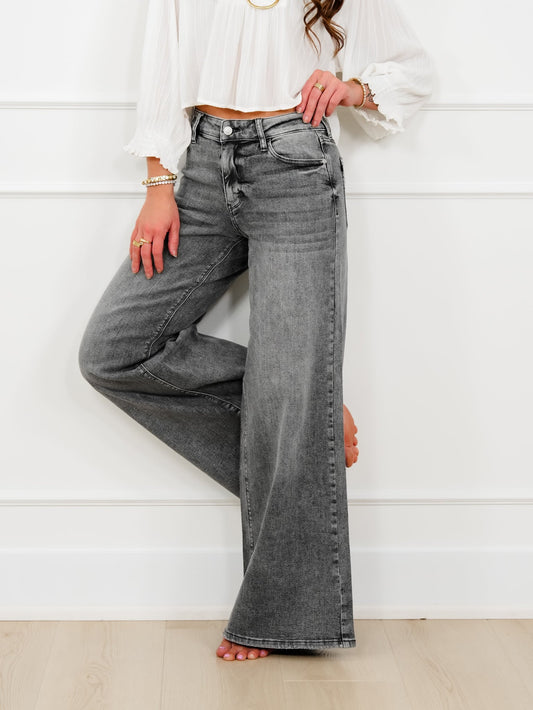 Judy Blue Stormy Days Mid Rise Gray Palazzo Jeans with Split Back Yokes