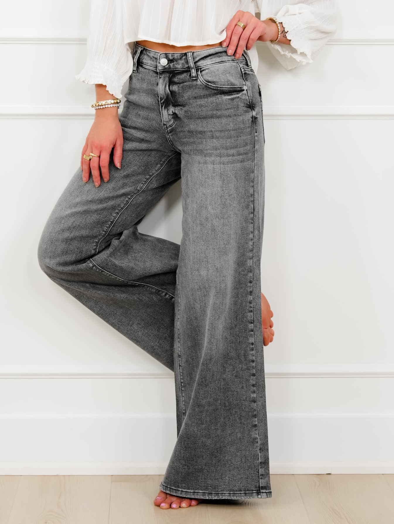 Judy Blue Stormy Days Mid Rise Gray Palazzo Jeans with Split Back Yokes