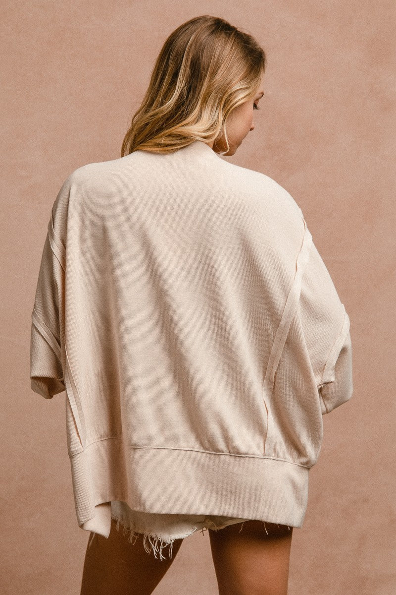 BiBi OVERSIZED Solid Color Top with Leopard "LOVE" Letter Patches in Oatmeal ON ORDER