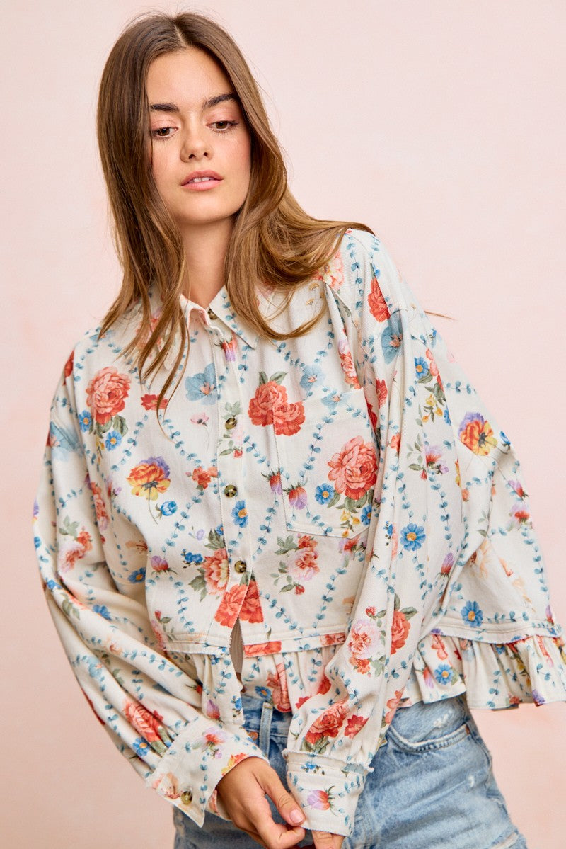 BiBi Floral Ruffle Hem Button-Up Blouse