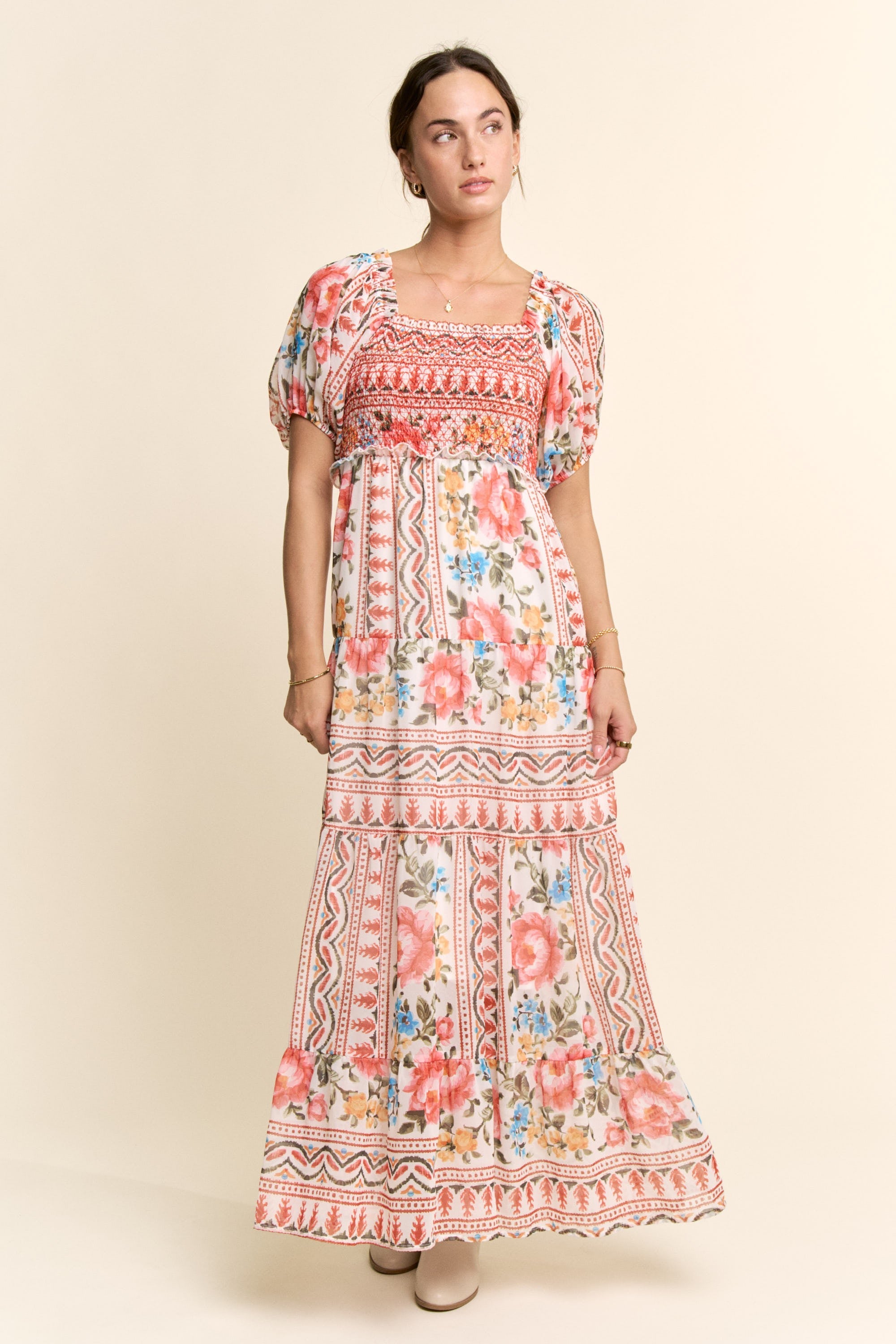 Davi & Dani Boho Floral Print Chiffon Maxi Dress in White Red