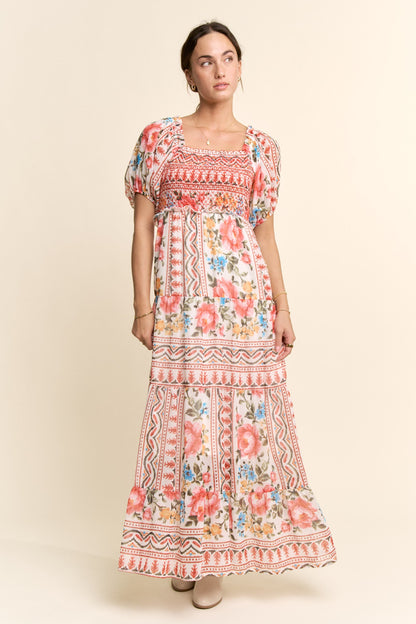 Davi & Dani Boho Floral Print Chiffon Maxi Dress in White Red