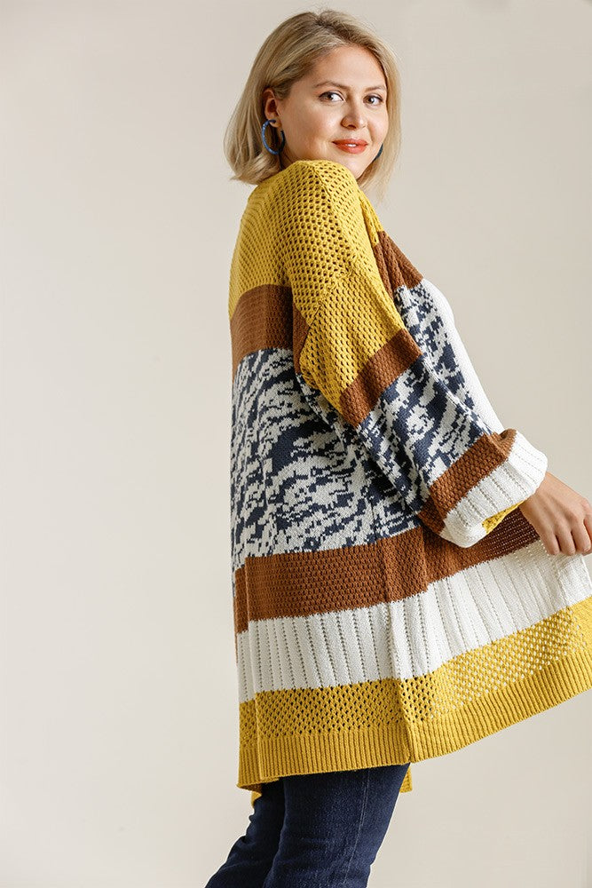 Umgee Color Block Design Cardigan in Gold and Brown