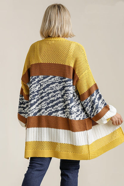 Umgee Color Block Design Cardigan in Gold and Brown