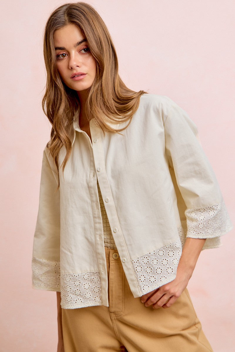 BiBi Eyelet Lace Hem Quarter Sleeve Top in Butter