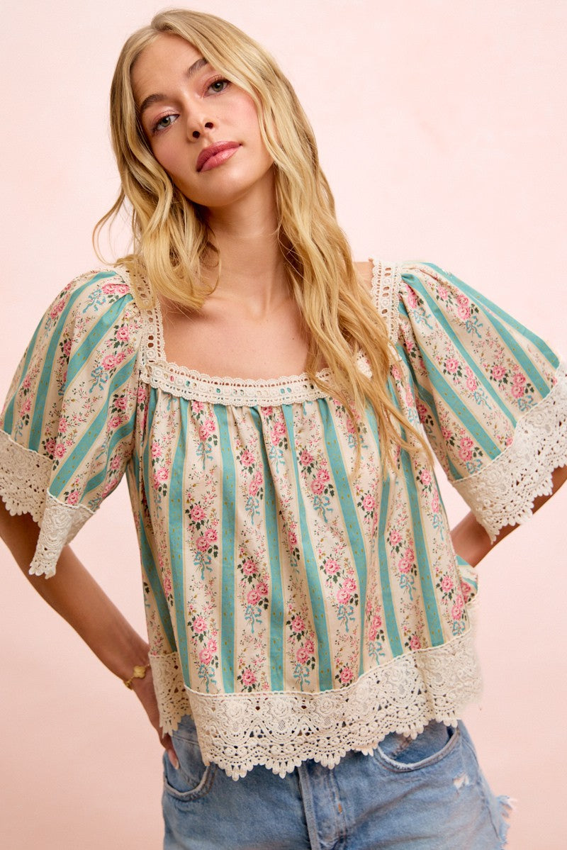 BiBi Mix n Match Floral and Lace Detailed Top in Teal ON ORDER