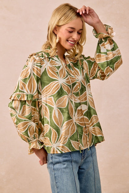 BiBi Bold Floral Print Top with Ruffle Details in Olive/Latte