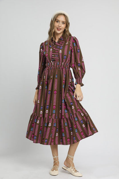 Umgee Stripped Floral Print Midi Dress in Brown Mix