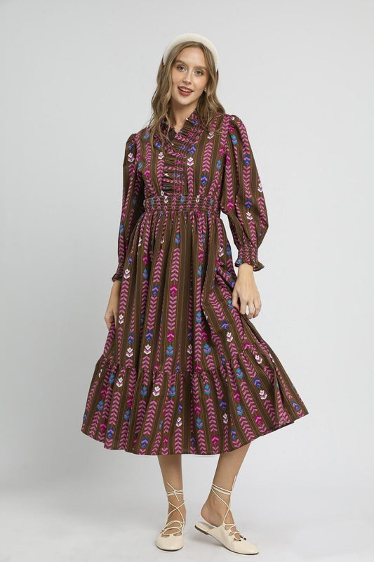 Umgee Stripped Floral Print Midi Dress in Brown Mix