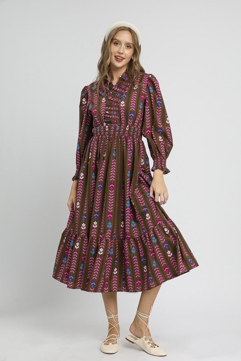 Umgee Stripped Floral Print Midi Dress in Brown Mix