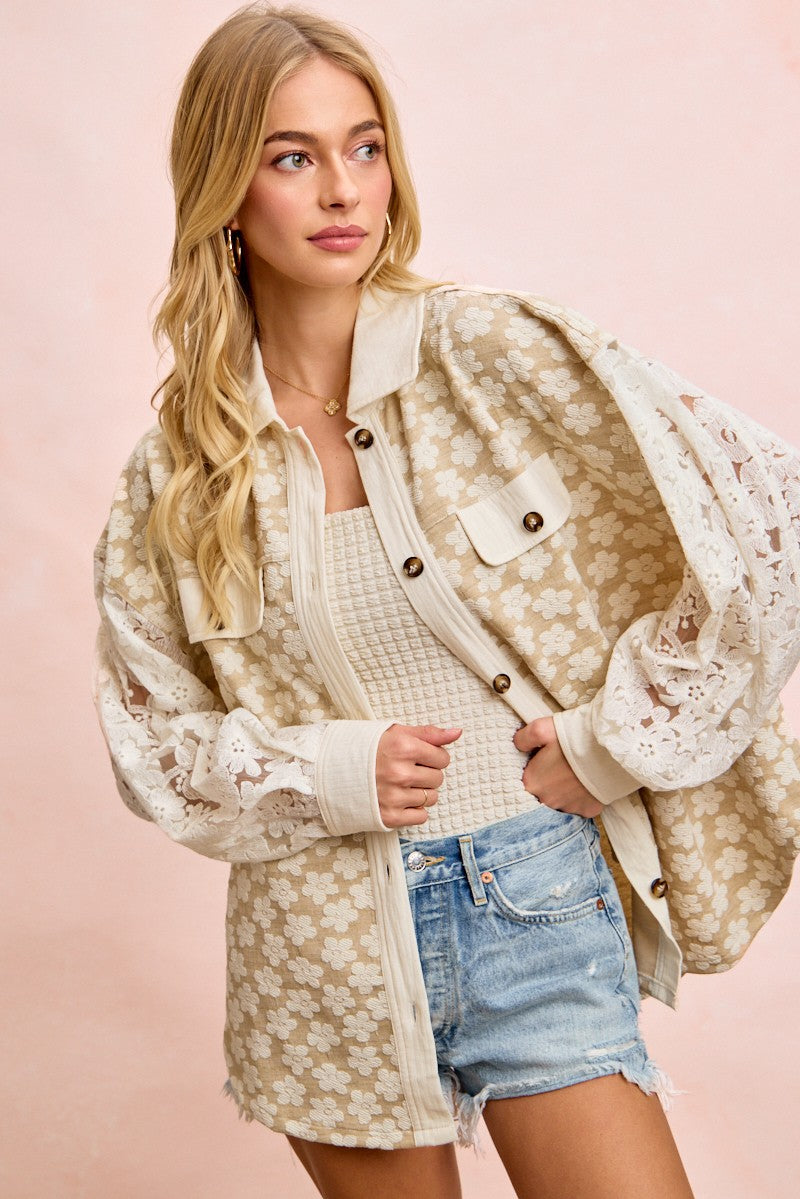 BiBi Floral Lace Sleeve Oversized Shacket in Oatmeal