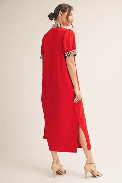 Jodifl Solid Color Midi Dress with Contrasting Classic Check in Tomato Red ON ORDER