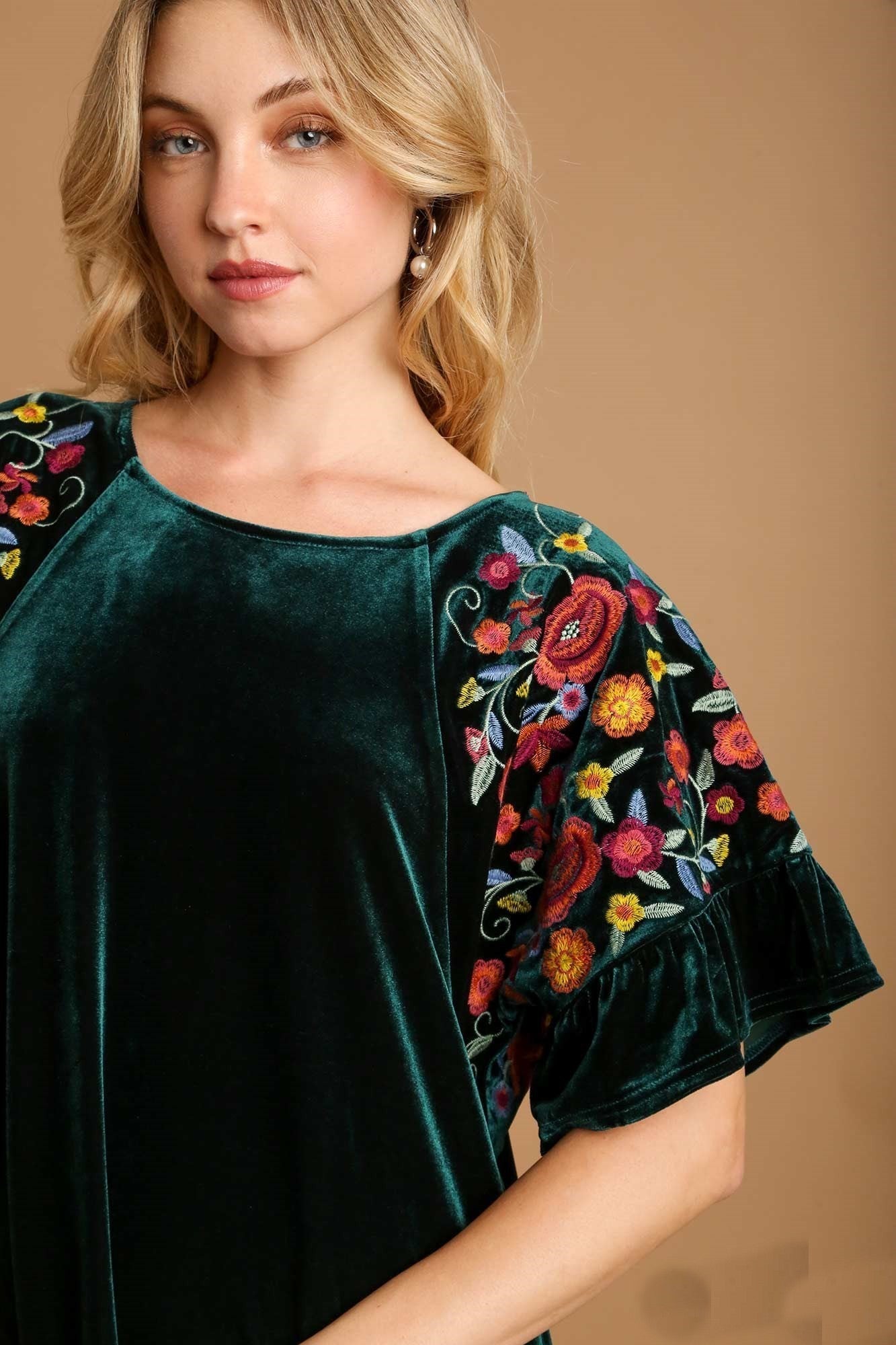 Umgee Velvet Mini Dress with Floral Embroidery in Hunter Green