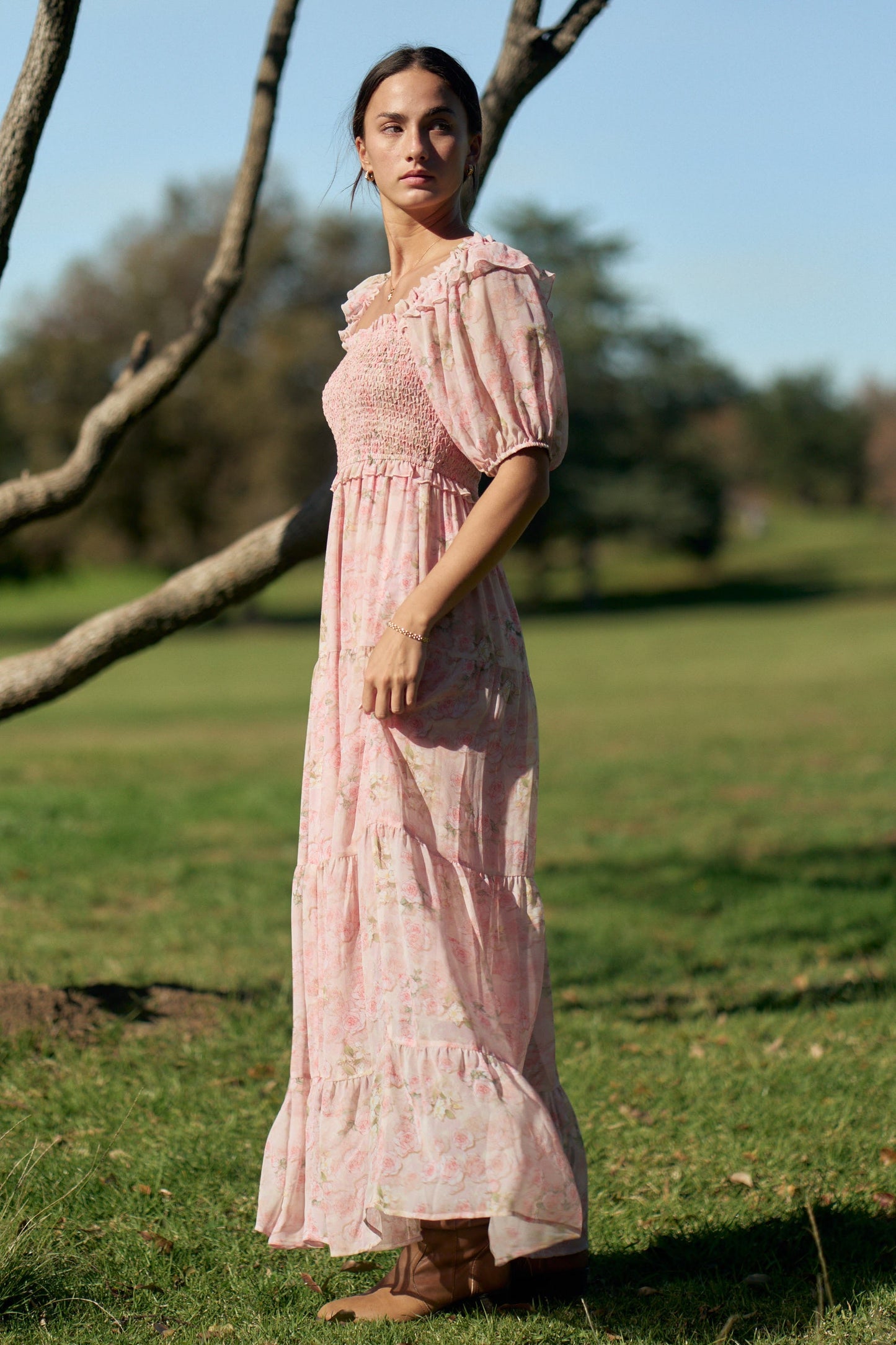 Davi & Dani Smocked Bodice Floral Print Maxi Dress in Pink