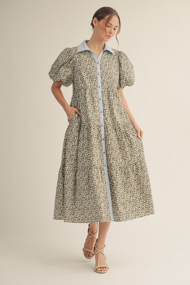 Jodifl Leopard Print Tiered Midi Dress with Contrast Trim in Blue