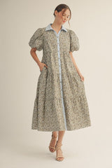 Jodifl Leopard Print Tiered Midi Dress with Contrast Trim in Blue