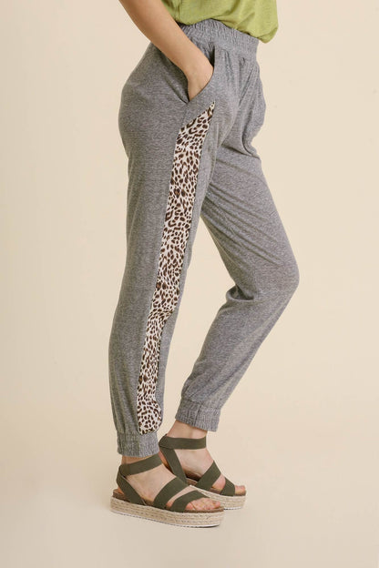 Umgee Animal Print Elastic Waist Jogger Pants with Pockets in Heather Grey