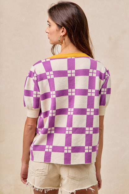 BiBi Knit Sweater Checkered Pattern Top with Football Patched Front in Purple/Gold