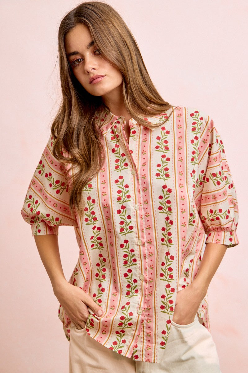 BiBi Bold Woven Striped Floral Print Button Down Top in Red